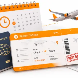 Past Dated Flight Ticket illustration with calendar, flight ticket and passport