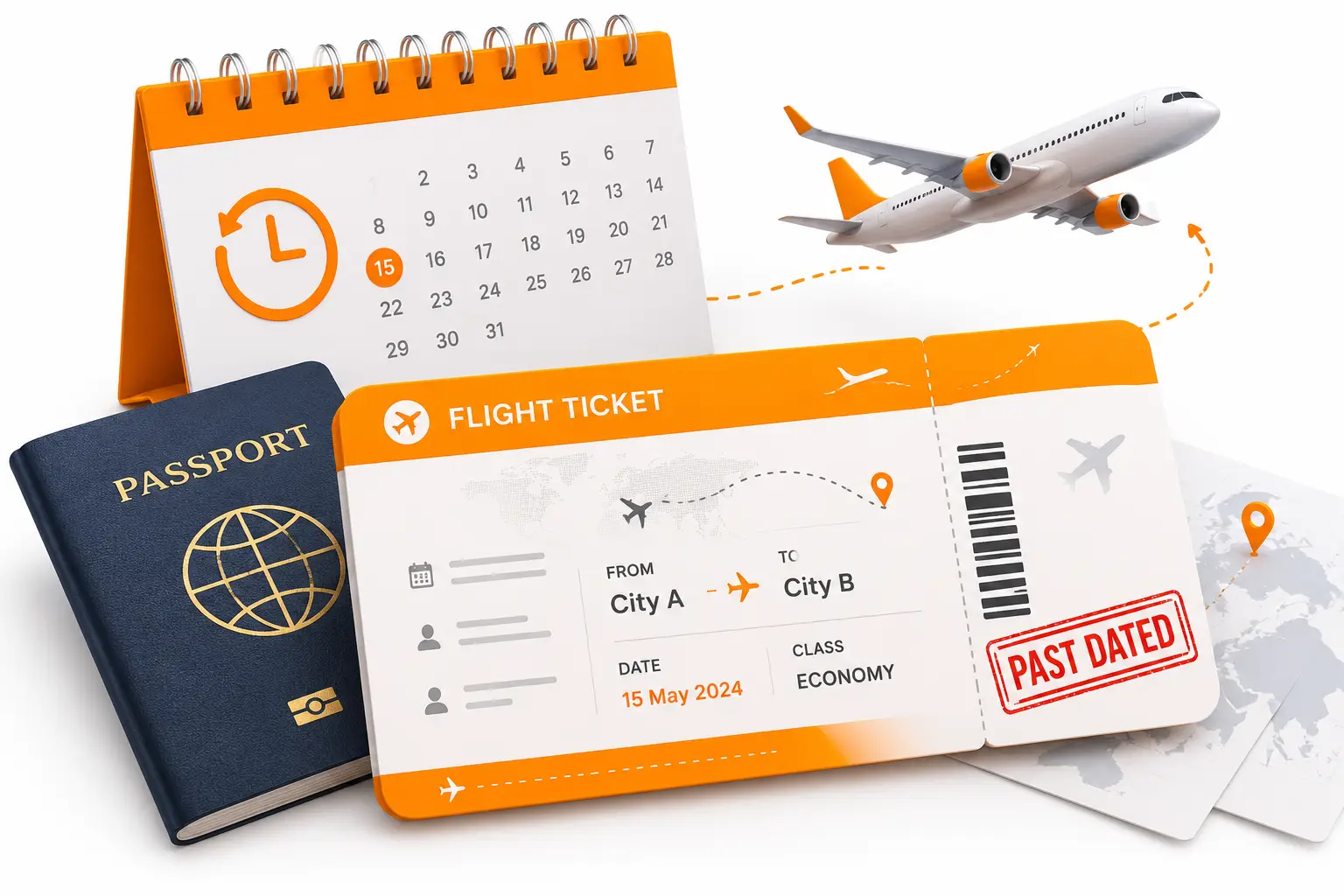 Past Dated Flight Ticket illustration with calendar, flight ticket and passport