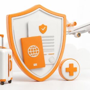 Travel Insurance for Visa Applications illustration with passport, insurance policy and protective shield