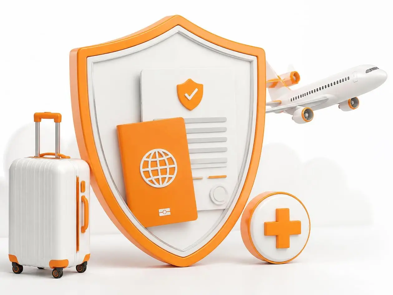 Travel Insurance for Visa Applications illustration with passport, insurance policy and protective shield